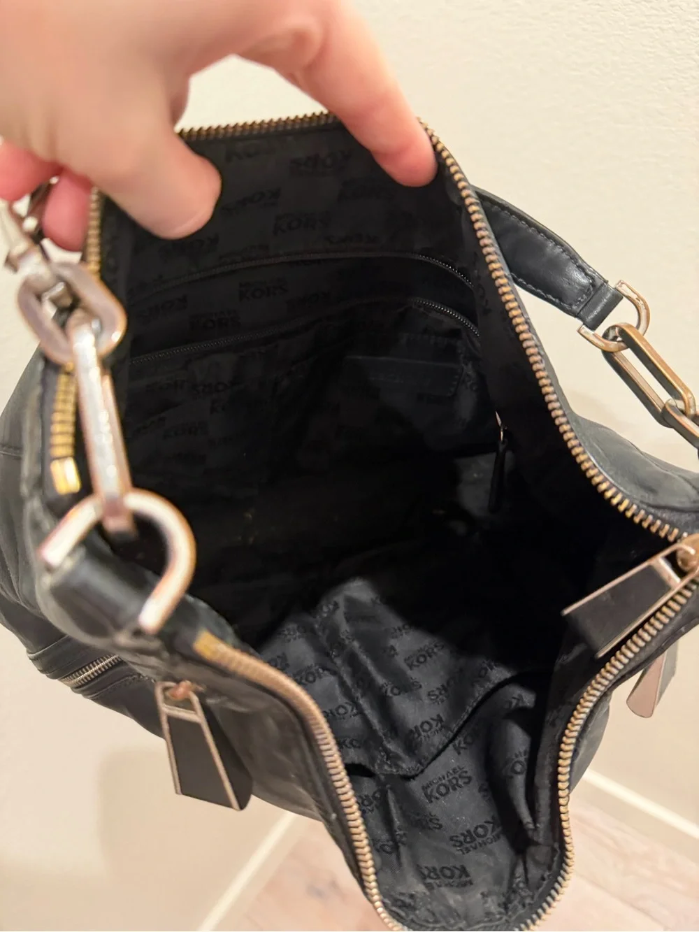 Michael Kors Black Leather Hobo with Gold-Tone Chain Accent